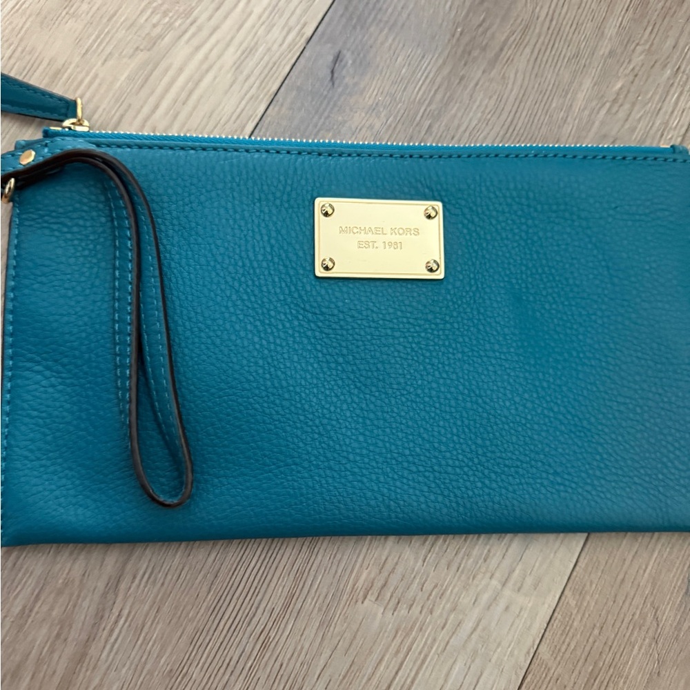 Michael Kors Teal Pebbled Leather Wristlet Clutch with Gold Plate
